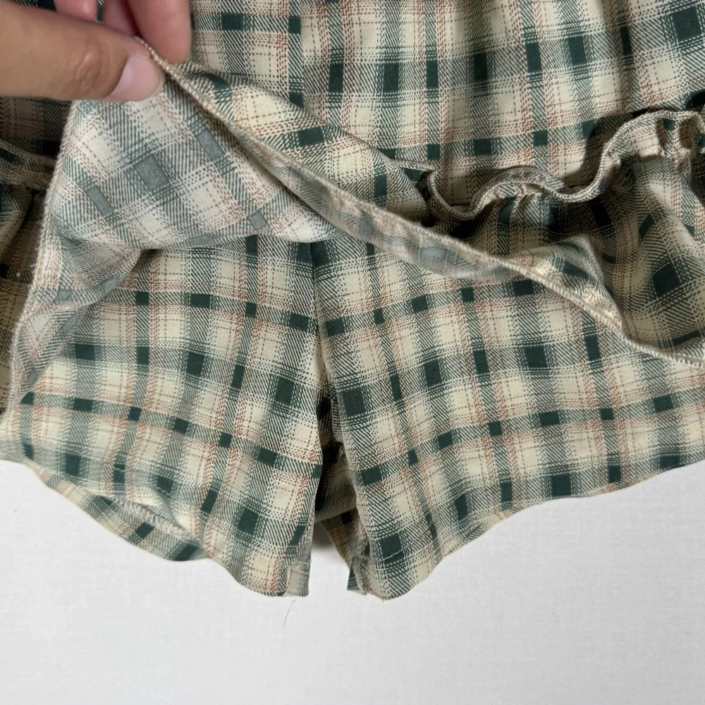 Academia Cottage Core Plaid Bloomers Mini Shorts Sage Yellow Cream Ruffles